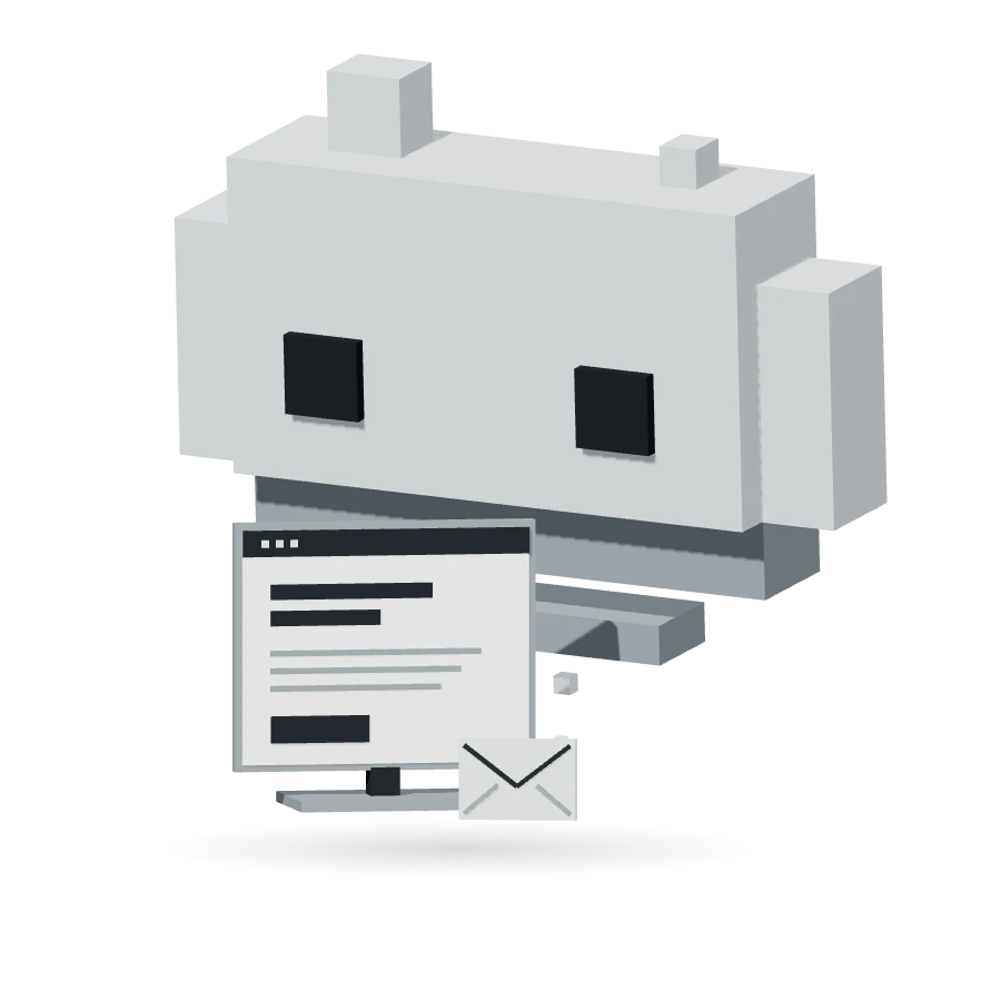 Arviteni’s pixel character checking a website screen and enquiry envelope.