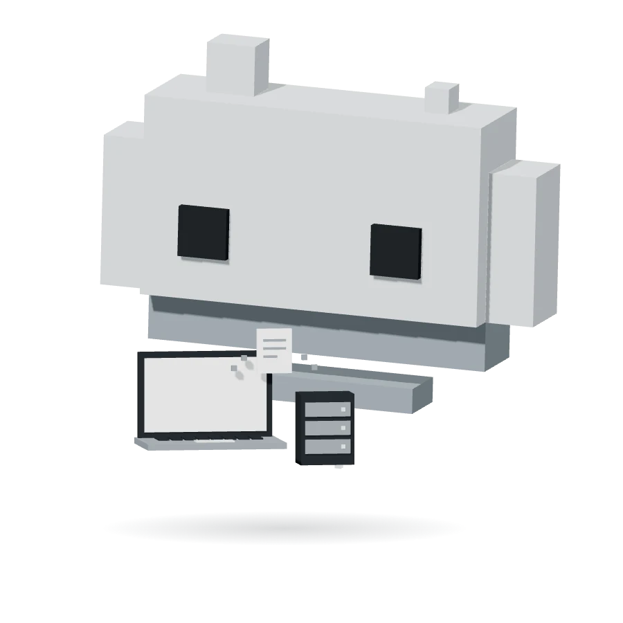 Arviteni’s pixel character reviewing a laptop, backup device and document.