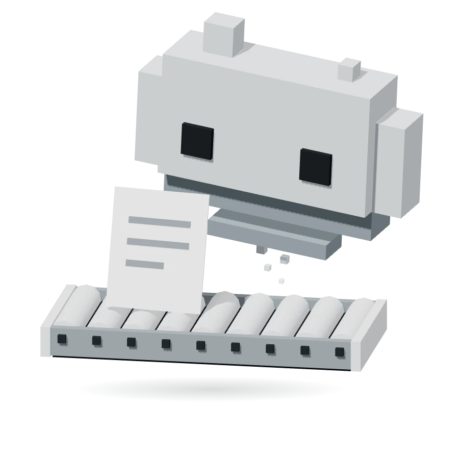Arviteni’s pixel character inspecting a document moving along a small conveyor belt.