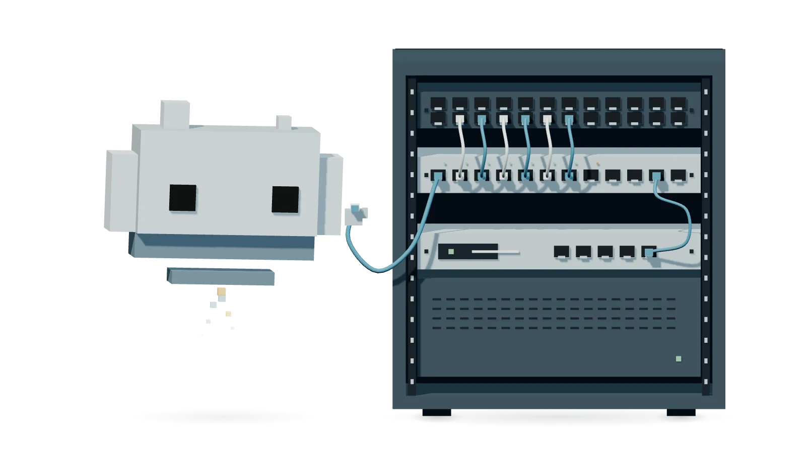 Arviteni’s pixel character holding a patch lead beside a network cabinet containing switches, network ports and neatly arranged cables.